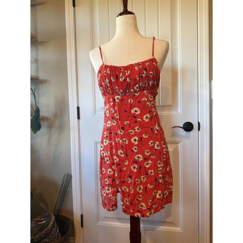 Olivacious Red Floral Polka Dot Smocked Mini Dress Size Medium